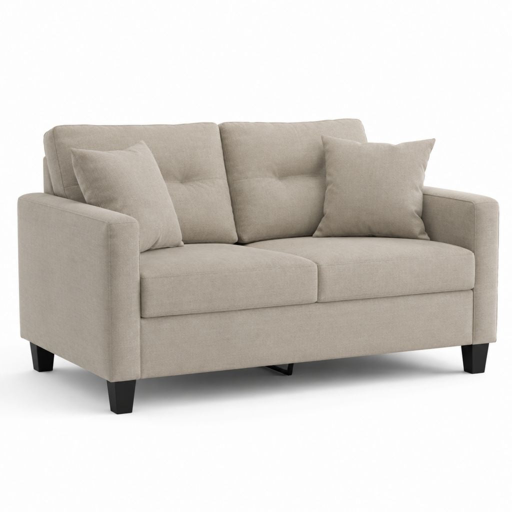 Canapé 2 places en polyester effet lin beige avec structure en pin et jambes noires, 160 × 85 × 88 cm