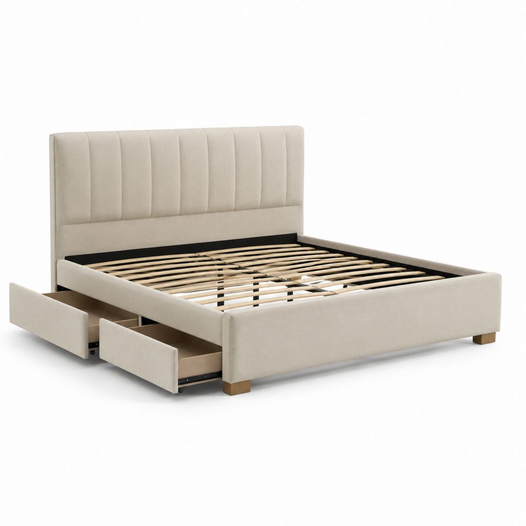 Lit double rembourré beige 160 × 200 cm, dimensions 217 × 170 × 110 cm, avec tête de lit, filet à lattes et 2 tiroirs
