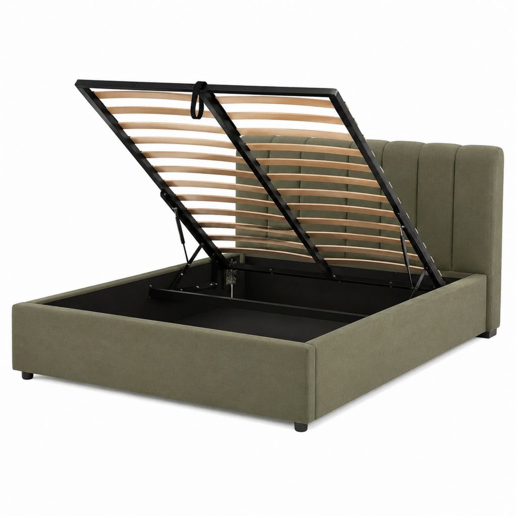 Lit double conteneur 160 × 200 cm en tissu vert olive avec filet à lattes et tête de lit rembourrée, 217 × 172 × 110 cm