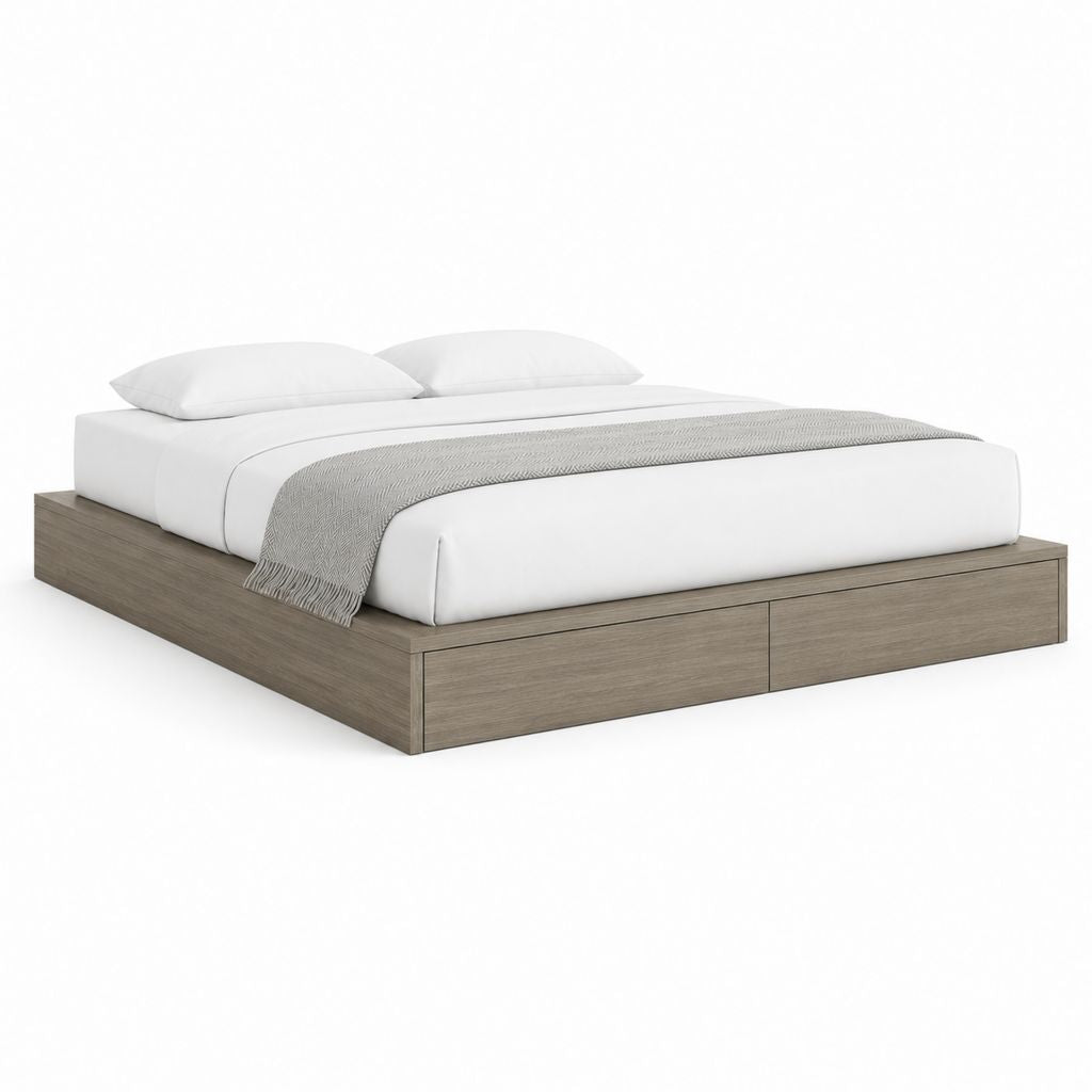 Lit double conteneur 160 × 200 cm avec 2 tiroirs, chêne gris, en panneaux de particules mélaminés