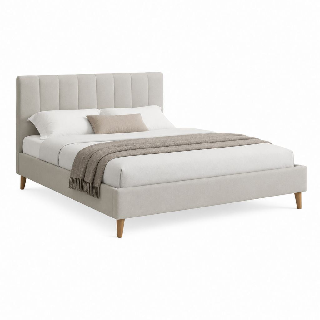 Lit double rembourré en tissu beige clair avec sommier à lattes, matelas 160 × 200 cm, dimensions 216 × 171 × 110 cm