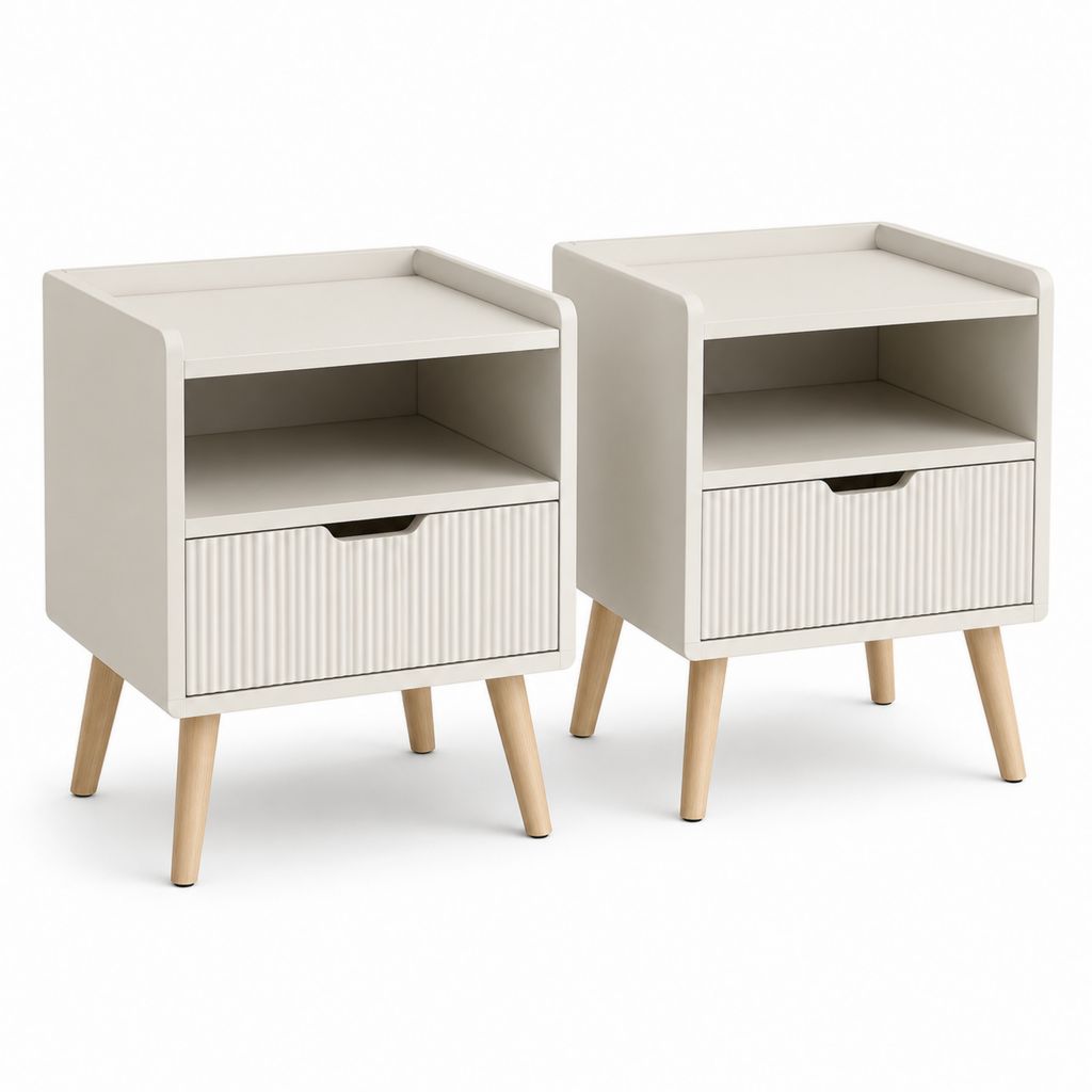 Ensemble de 2 tables rectangulaires en MDF avec tiroir, compartiment ouvert et pieds en bois massif, blanc cassé et chêne naturel, 40 × 35 × 55 cm