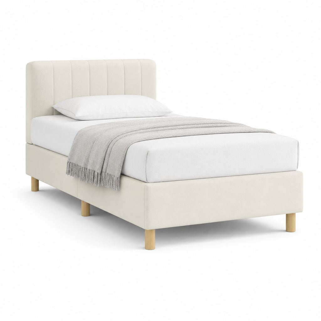 Lit simple rembourré en tissu ivoire 90 × 190 cm, dimensions 201 × 102 × 110 cm, tête de lit avec coutures verticales et pieds en bois