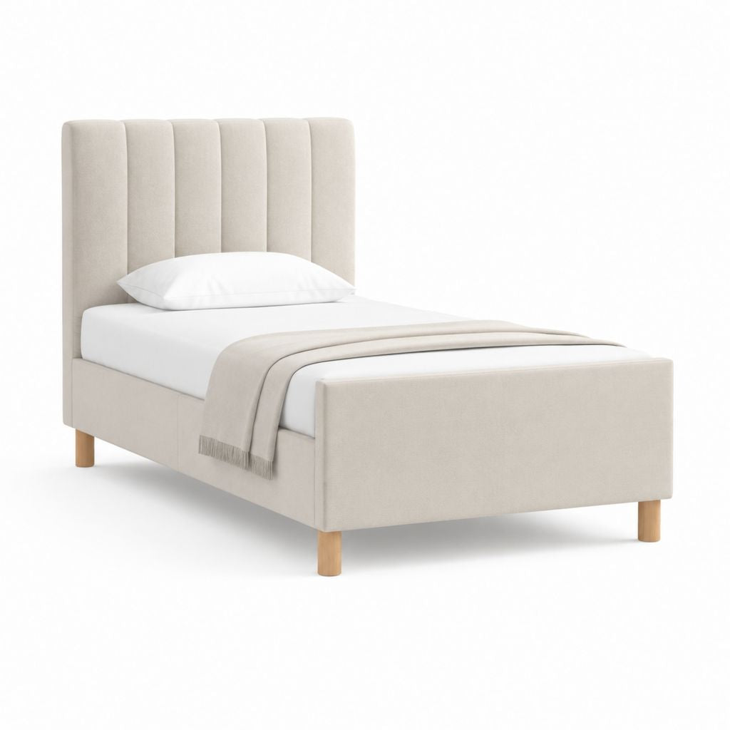 Lit simple rembourré en tissu beige avec tête rainurée et filet à lattes, pour matelas 90 × 190 cm, 101 × 202 × 110 cm