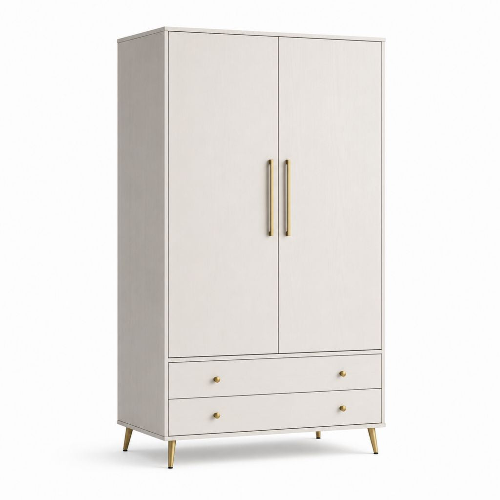 Armoire armoire rectangulaire en MDF blanc et or avec 2 portes, 2 tiroirs et jambes, 100 × 55 × 190 cm