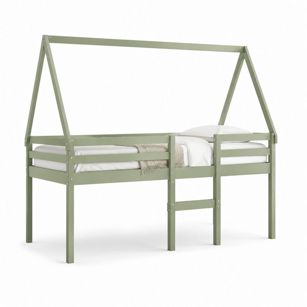 Lit mezzanine pour enfants en forme de petite maison en pin massif vert sauge, pour matelas 90 × 200 cm, 206 × 96 × 180 cm