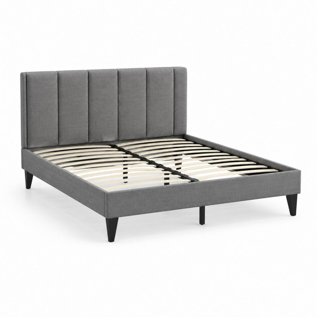 Lit double rembourré en tissu avec tête de lit et filet à lattes, gris, 169 × 214 × 110 cm, matelas 160 × 200 cm