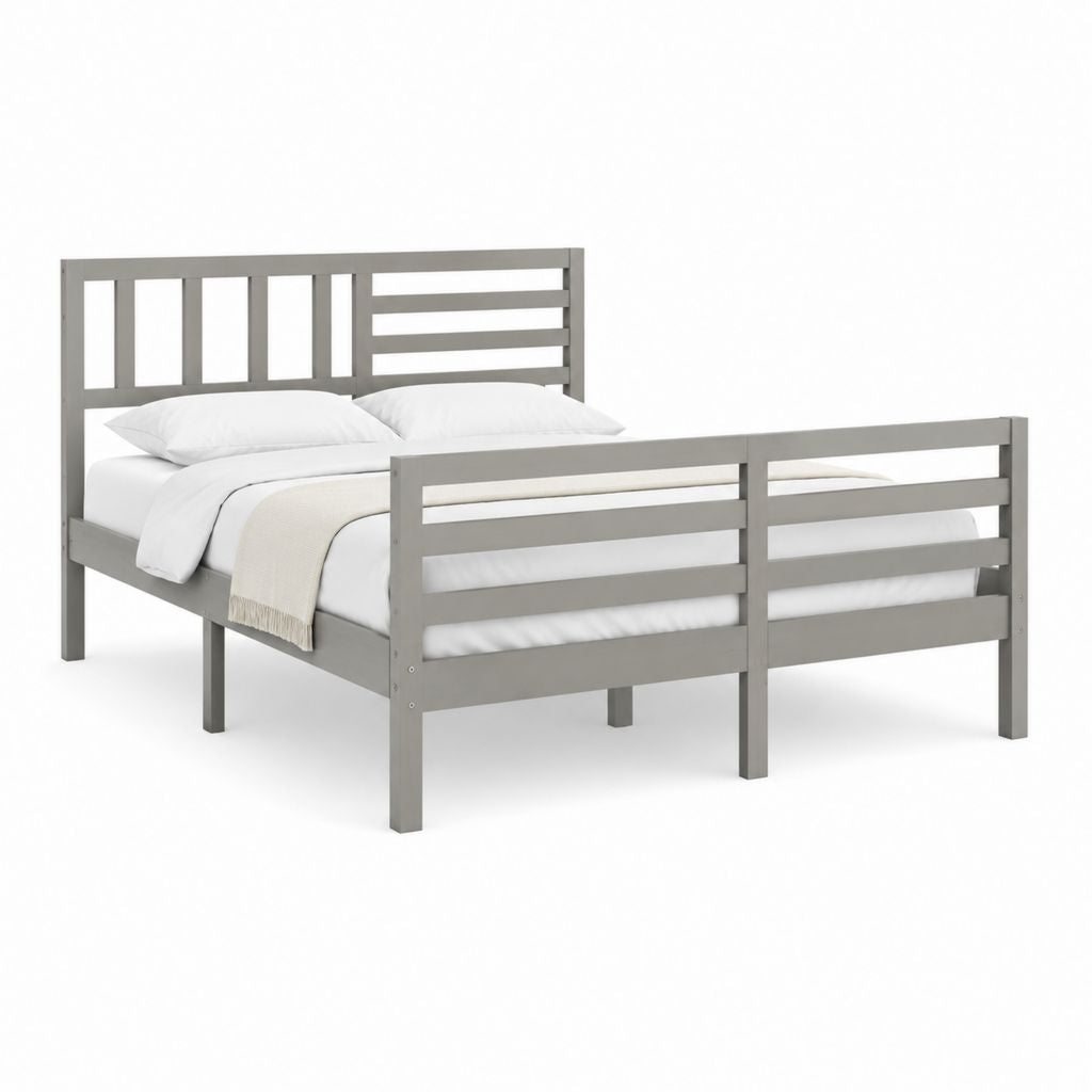 Lit double 140 × 190 cm avec bords gris en bois massif de pin et filet à lattes