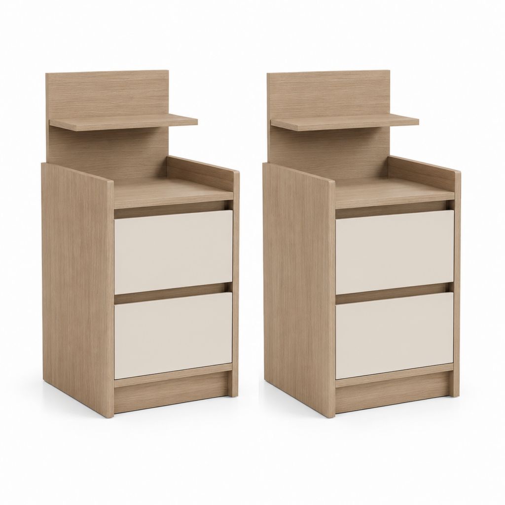 Ensemble de 2 tables de chevet en bois avec 2 tiroirs, compartiment ouvert et plateau élevé, chêne clair/beige, 40 × 35 × 80 cm