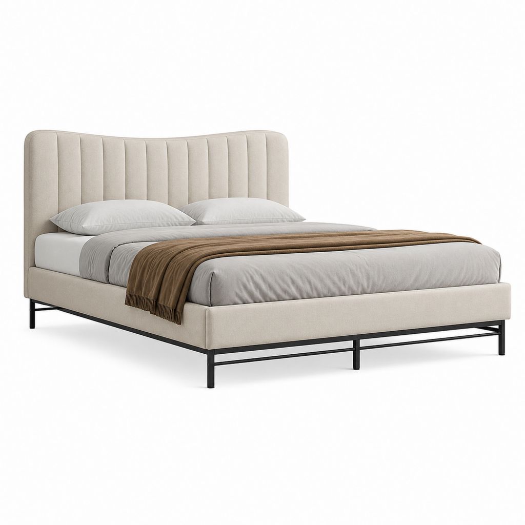 Lit double rembourré 160 × 200 cm en polyester beige avec tête de lit rainurée et structure en acier noir