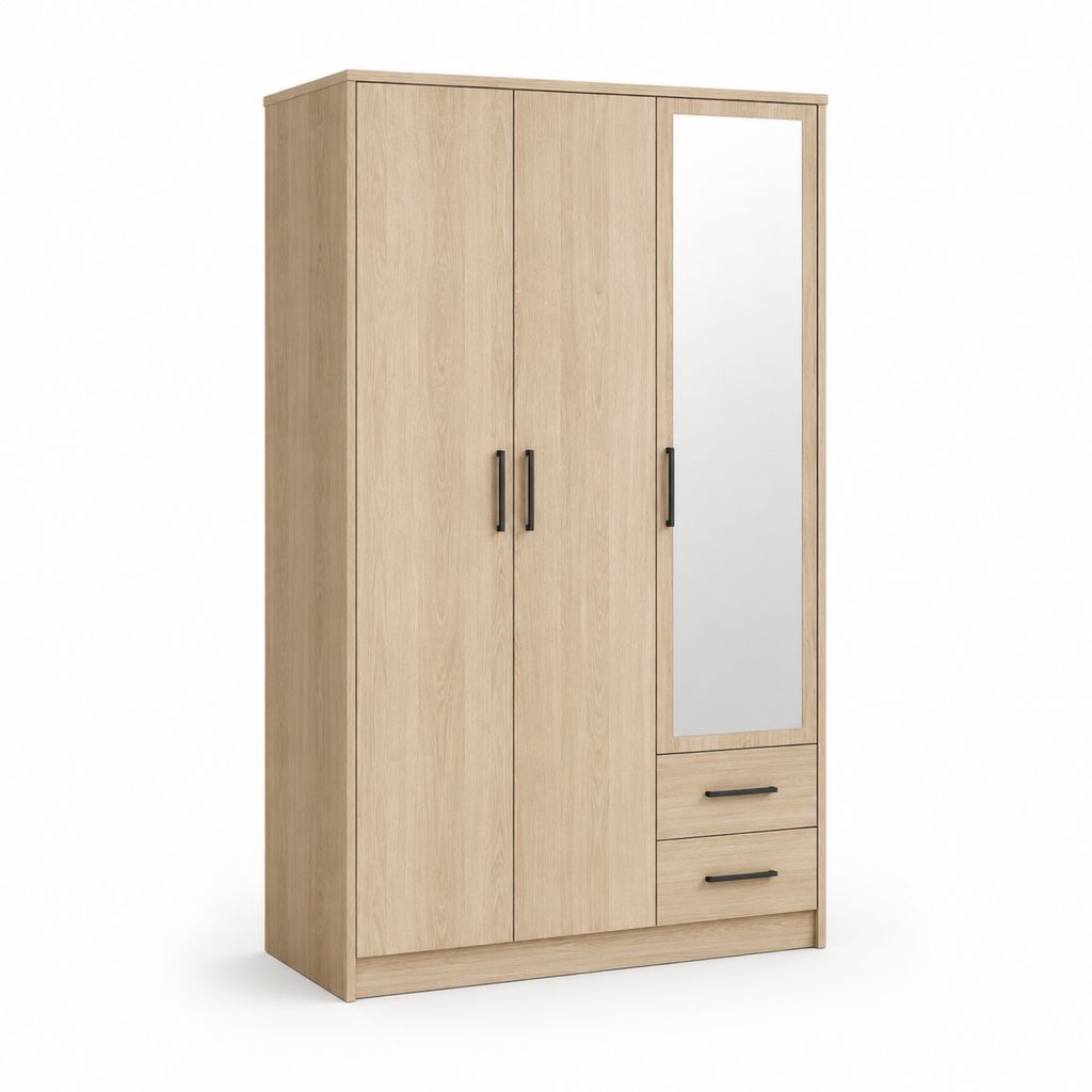 Armoire armoire rectangulaire à 3 portes avec miroir et 2 tiroirs en panneaux de particules mélaminiques, chêne naturel, noir et argent, 120 × 52 × 190 cm