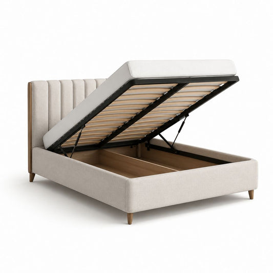 Lit double rembourré en tissu beige avec sommier à lattes, pour matelas 160 × 200 cm, dimensions 218 × 172 × 112 cm