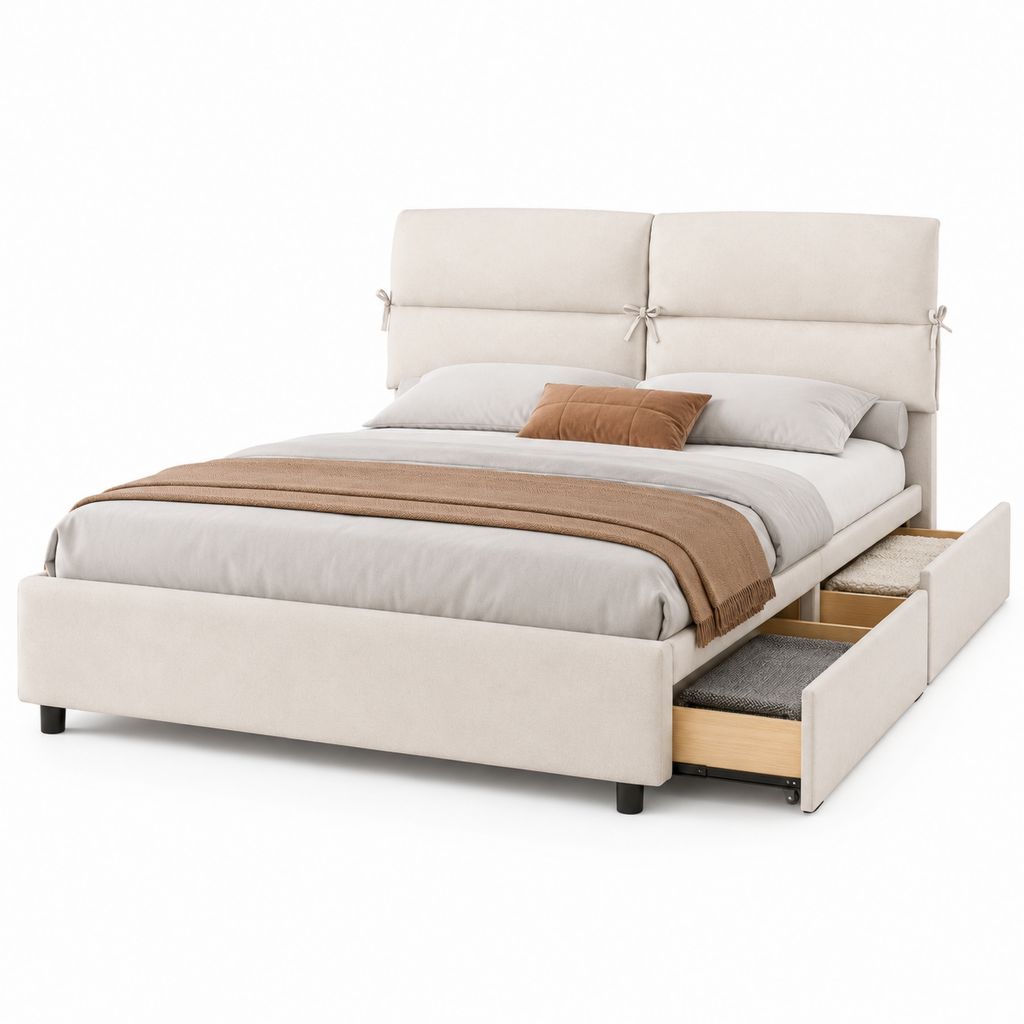 Lit double rembourré beige 160 × 200 cm avec tête de lit à oreillers, filet à lattes et 2 tiroirs latéraux