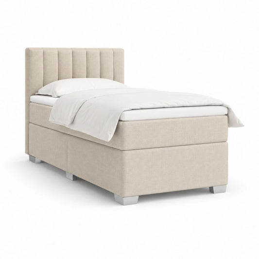 Lit simple rembourré en polyester beige 90 × 200 cm avec tête rainurée, dimensions 100 × 215 × 120 cm