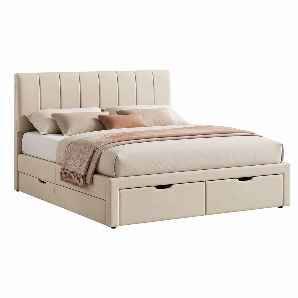 Lit double conteneur 160 × 200 cm rembourré en polyester beige avec 4 tiroirs et tête de lit à panneaux verticaux