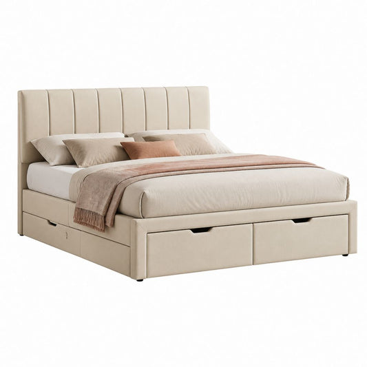 Lit double conteneur 160 × 200 cm rembourré en polyester beige avec 4 tiroirs et tête de lit à panneaux verticaux