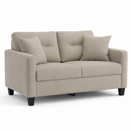 Canapé 2 places en polyester effet lin beige avec structure en pin et jambes noires, 160 × 85 × 88 cm