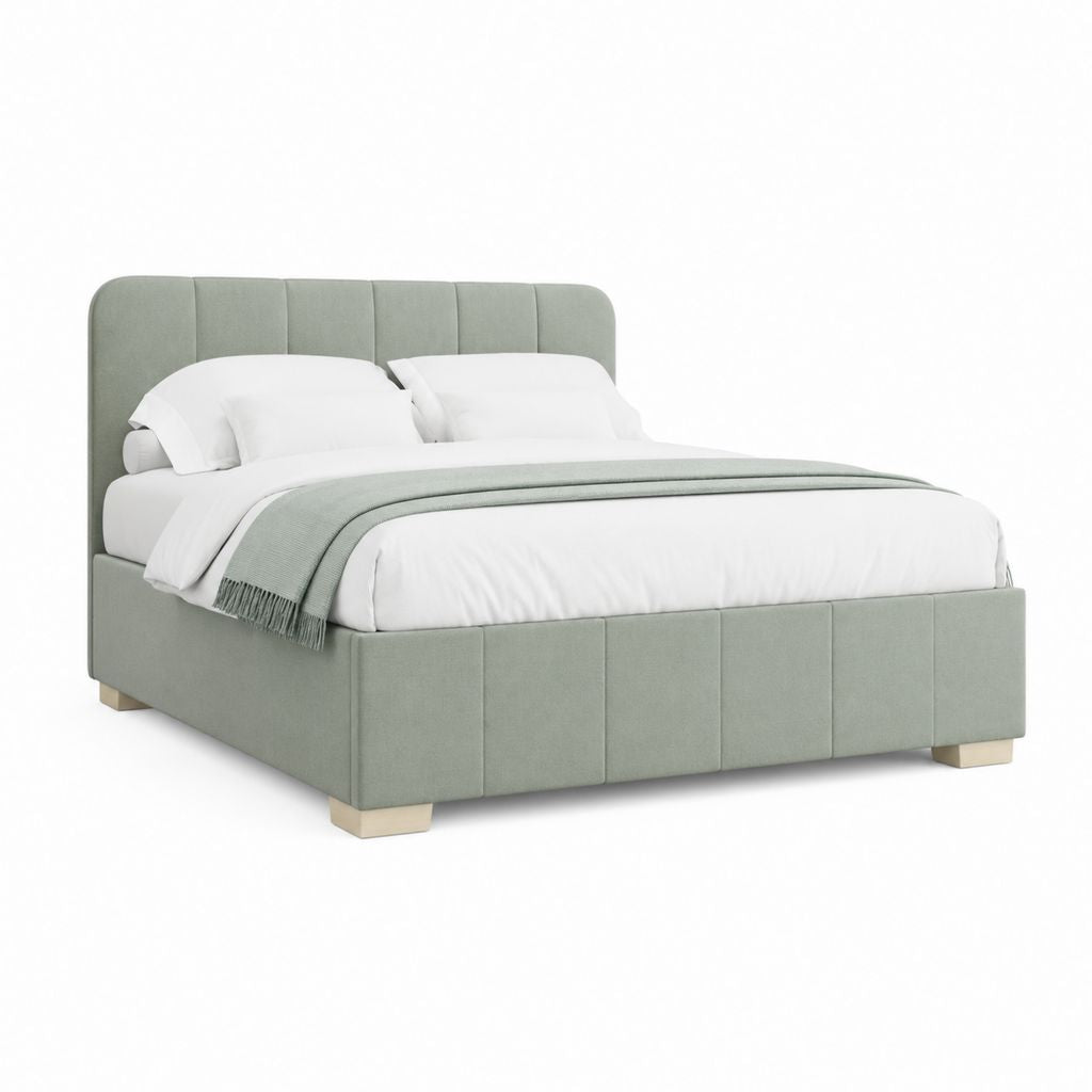 Lit double rembourré 160 × 200 cm en polyester vert sauge avec tête de lit et filet à lattes, 174 × 214 × 110 cm