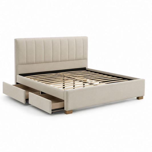 Lit double rembourré beige 160 × 200 cm, dimensions 217 × 170 × 110 cm, avec tête de lit, filet à lattes et 2 tiroirs