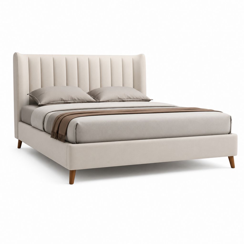 Lit double rembourré en tissu beige 160 × 200 cm avec tête rainurée, 218 × 173 × 112 cm