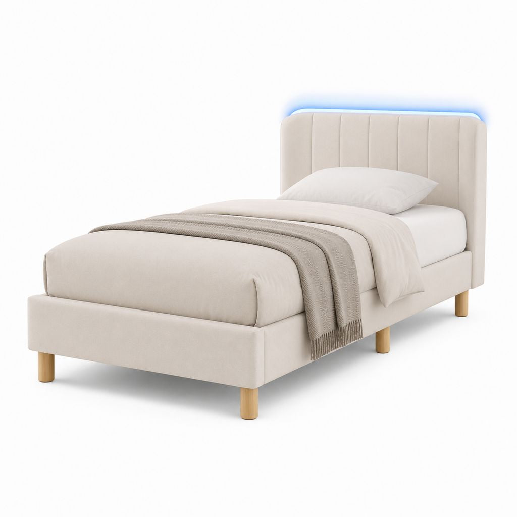 Lit simple rembourré en polyester beige avec tête de lit et lumière LED bleue, filet 90 × 200 cm, dimensions 98 × 211 × 110 cm