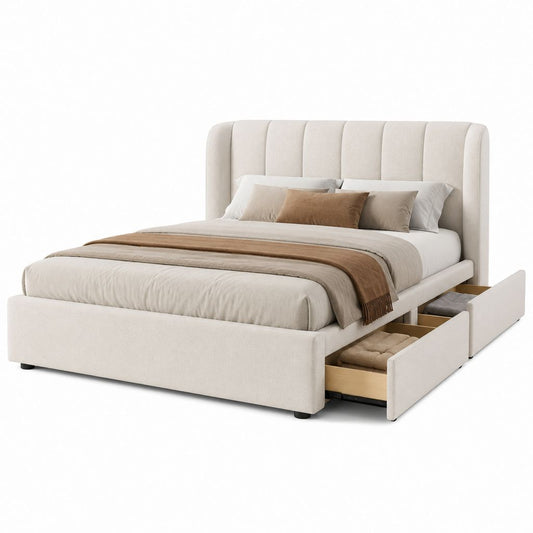 Lit double beige en bois et tissu avec tête rembourrée et 4 tiroirs, pour matelas 160 × 200 cm, dimensions 180 × 220 × 120 cm