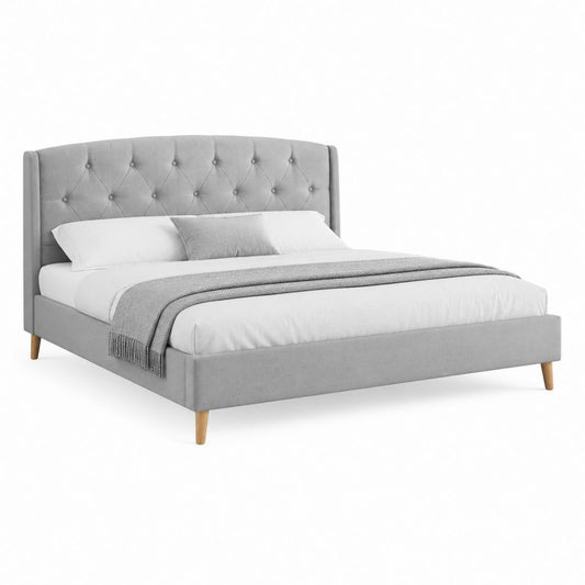 Lit double rembourré 160 × 200 cm en tissu gris clair avec tête capitonnée et filet à lattes