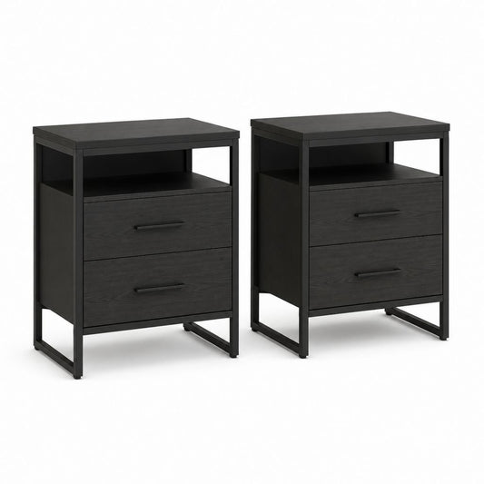 Ensemble de 2 tables rectangulaires en bois et métal noir avec 2 tiroirs et compartiment ouvert, 40 × 35 × 60 cm chacun