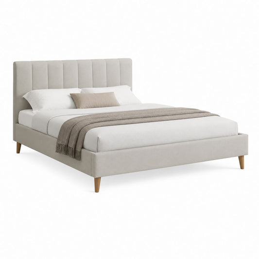 Lit double rembourré en tissu beige clair avec sommier à lattes, matelas 160 × 200 cm, dimensions 216 × 171 × 110 cm