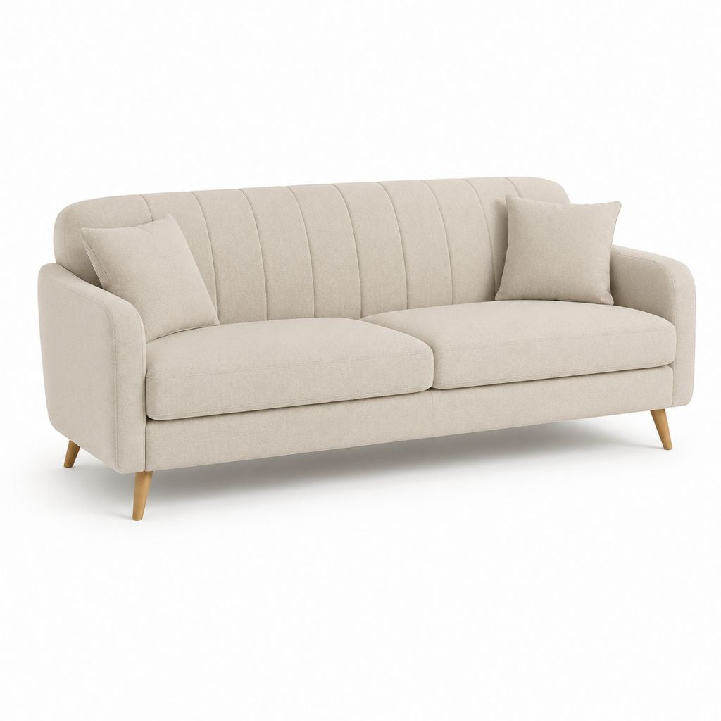 Canapé linéaire 3 places en tissu beige avec pieds en bois, 202 × 84 × 84 cm