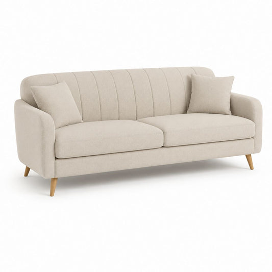 Canapé linéaire 3 places en tissu beige avec pieds en bois, 202 × 84 × 84 cm