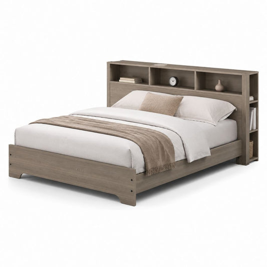 Lit double en bois avec tête de lit, chêne gris, 168 × 221 × 120 cm, pour matelas 160 × 200 cm