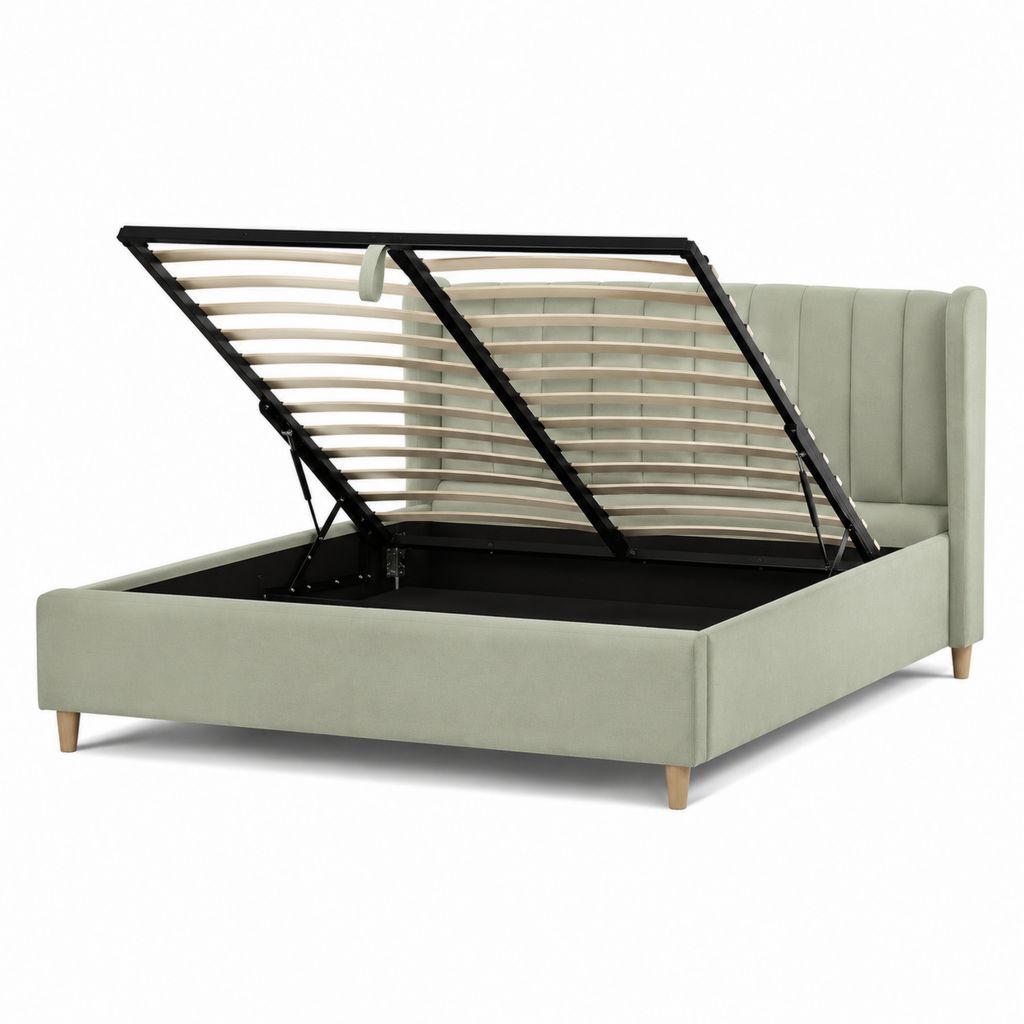 Lit double récipient rembourré vert sauge 174 × 217 × 112 cm avec filet à lattes 160 × 200 cm et tête de lit