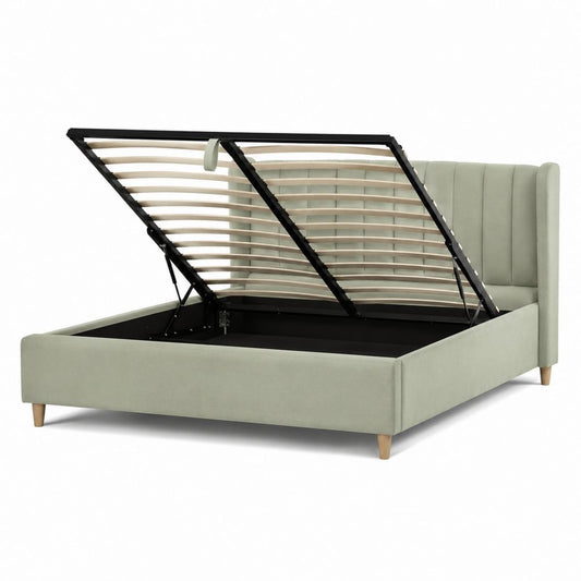 Lit double récipient rembourré vert sauge 174 × 217 × 112 cm avec filet à lattes 160 × 200 cm et tête de lit