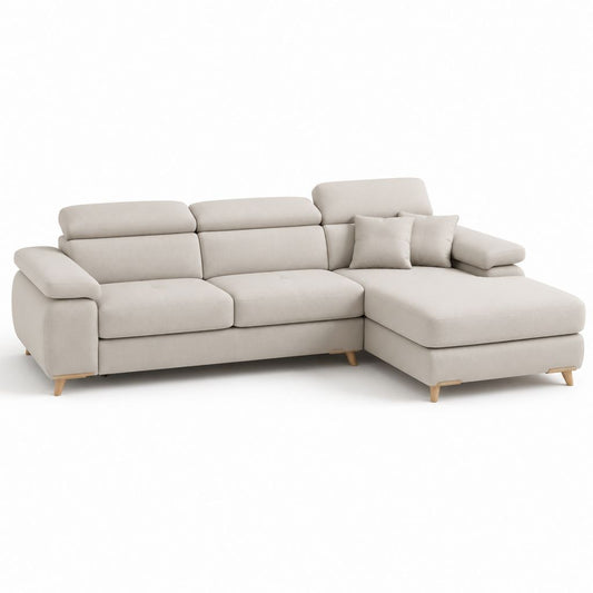 Canapé angulaire 3 places avec chaise longue droite en tissu beige, 278 × 170 × 96 cm
