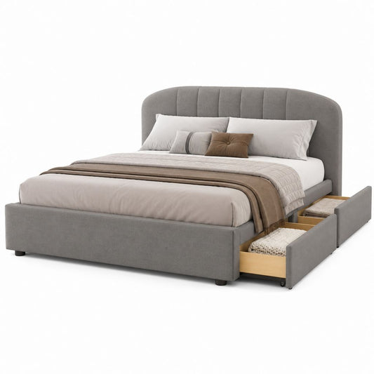 Lit double rembourré en tissu gris avec filet 160 × 200 cm et 2 tiroirs latéraux, 218 × 178 × 115 cm