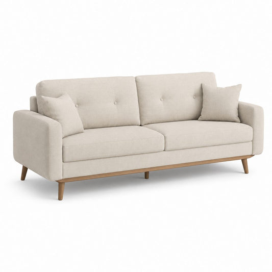 Canapé 3 places en tissu beige avec jambes en bois et 2 coussins décoratifs, 200 × 84 × 84 cm