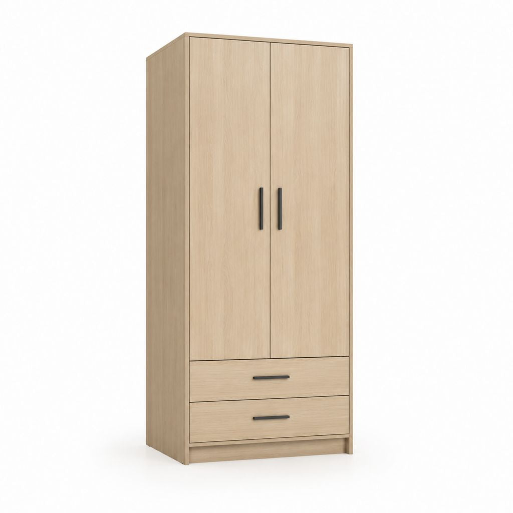 Armoire de garde-robe à 2 portes et 2 tiroirs en panneau truciolaire mélaminique, chêne clair et noir, 80 × 50 × 180 cm