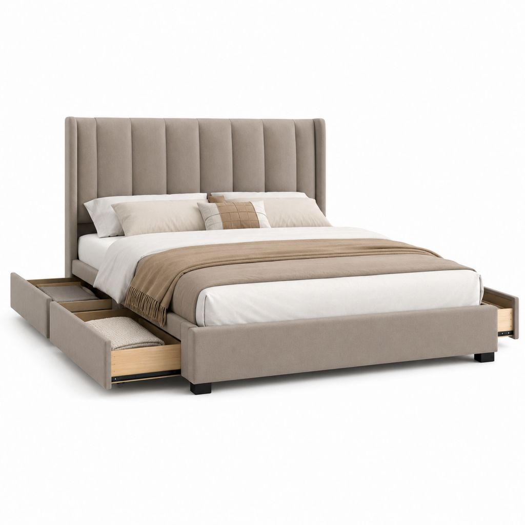 Lit double, récipient rembourré tourterelle avec 4 tiroirs, 176 × 218 × 120 cm, pour matelas 160 × 200 cm