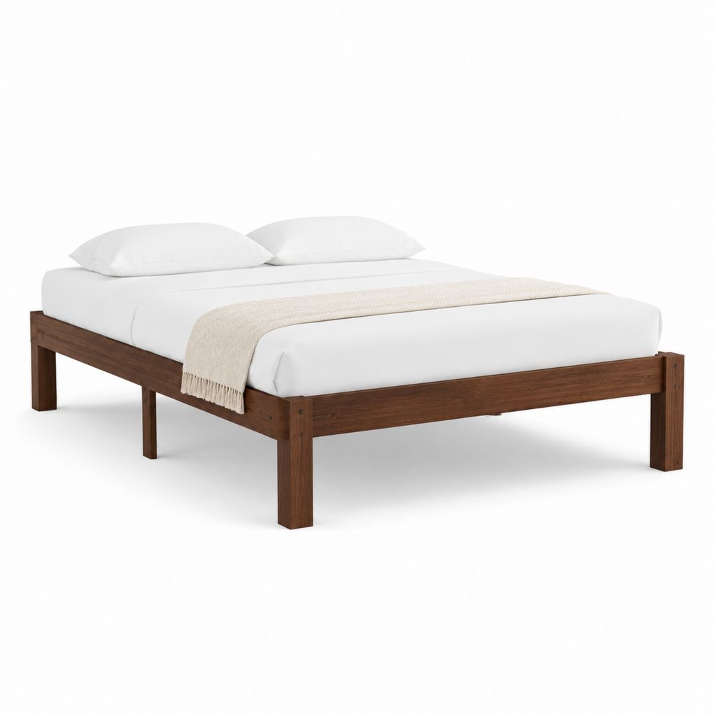 Structure lit double en bois brun noyer, surface 160 × 200 cm, dimensions 168 × 208 × 35 cm