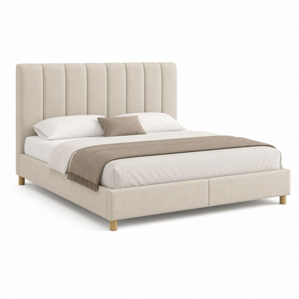 Lit double rembourré beige 171 × 215 × 120 cm, surface lit 160 × 200 cm, tête de lit à panneaux verticaux
