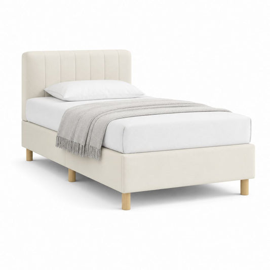 Lit simple rembourré en tissu ivoire 90 × 190 cm, dimensions 201 × 102 × 110 cm, tête de lit avec coutures verticales et pieds en bois