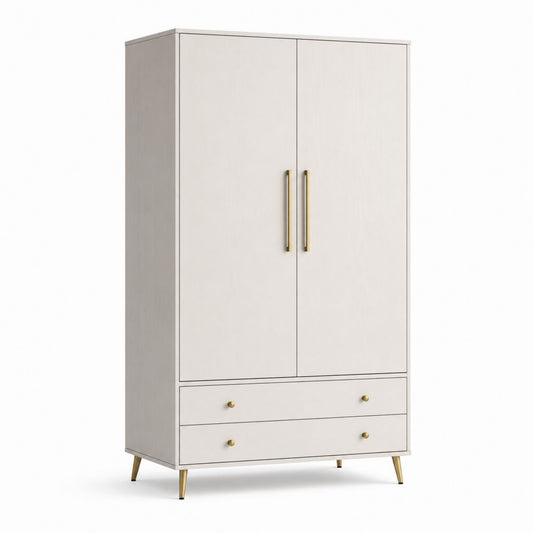 Armoire armoire rectangulaire en MDF blanc et or avec 2 portes, 2 tiroirs et jambes, 100 × 55 × 190 cm