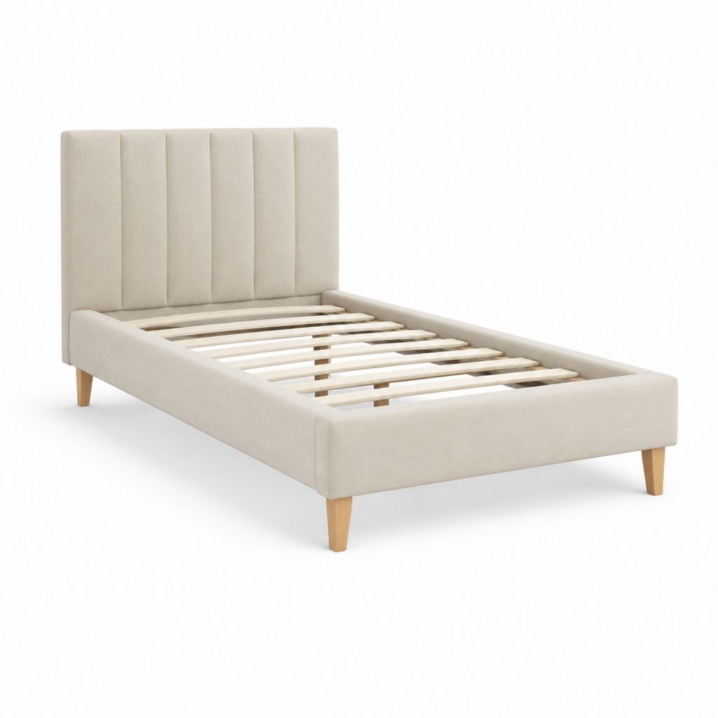 Lit simple rembourré beige avec tête de lit, filet à lattes et pieds en bois, 101 × 201 × 110 cm, pour matelas 90 × 190 cm