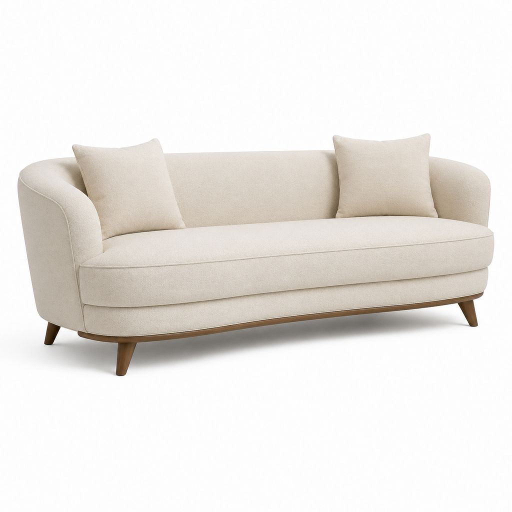 Canapé incurvé à 3 places en polyester beige avec pieds en bois massif, 210 × 90 × 82 cm