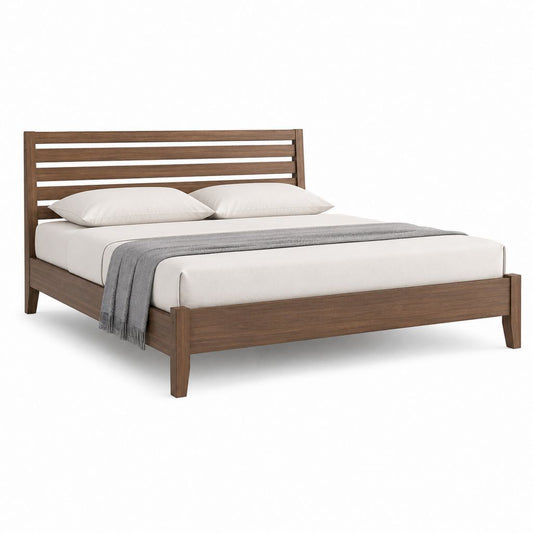 Lit double rectangulaire en bois brun noyer pour matelas 160 × 200 cm, dimensions 214 × 169 × 110 cm