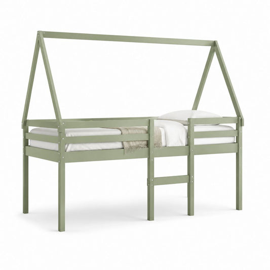 Lit mezzanine pour enfants en forme de petite maison en pin massif vert sauge, pour matelas 90 × 200 cm, 206 × 96 × 180 cm