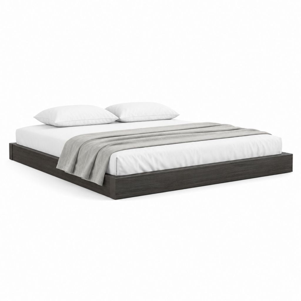 Lit double bas 160 × 200 cm en panneau truciolaire mélaminique chêne foncé, 206 × 166 × 25 cm, sans tête de lit