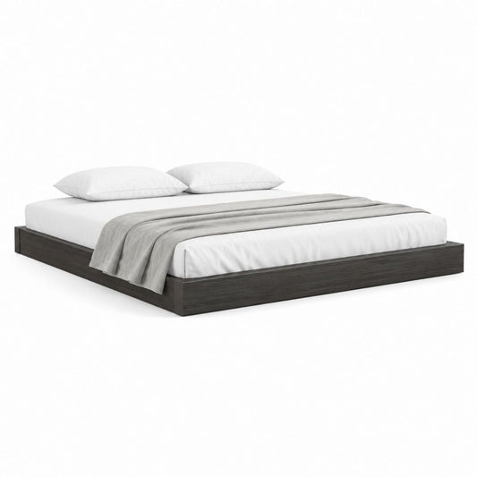 Lit double bas 160 × 200 cm en panneau truciolaire mélaminique chêne foncé, 206 × 166 × 25 cm, sans tête de lit