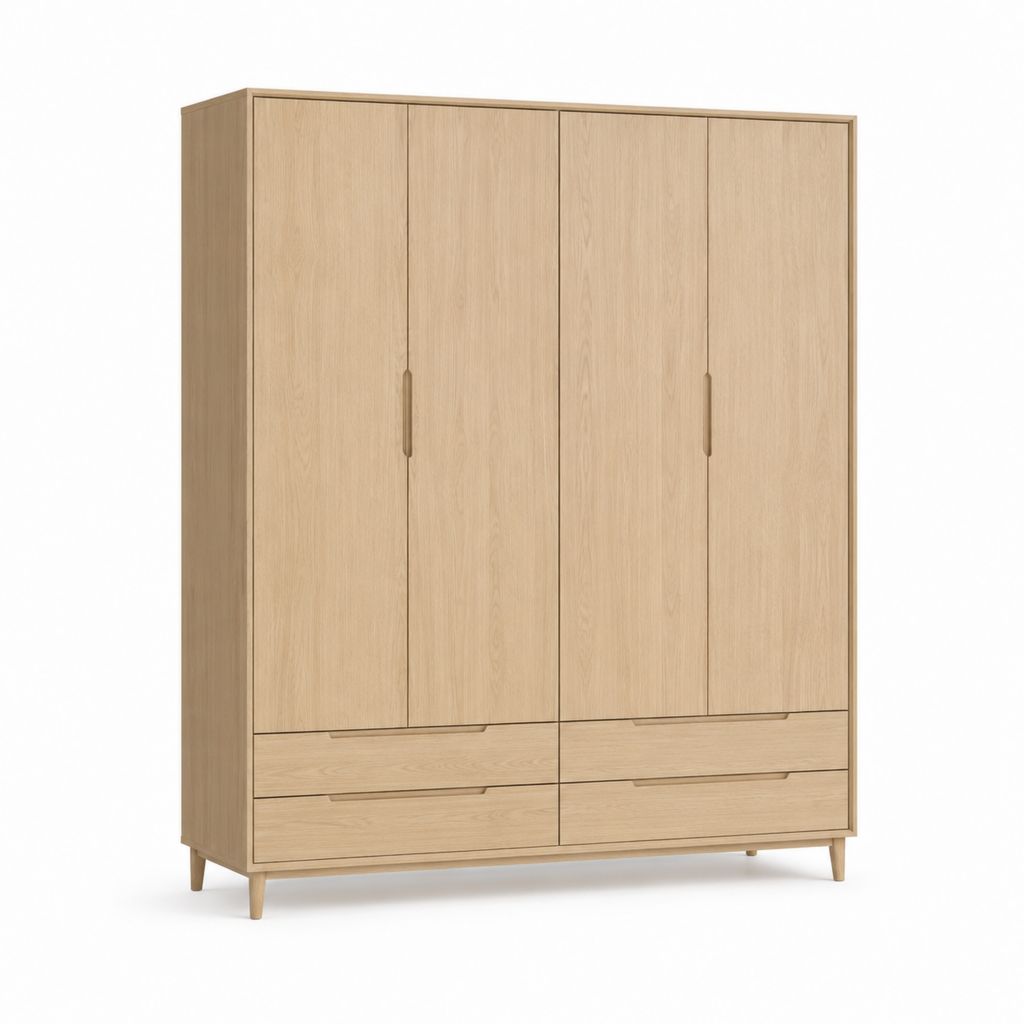 Armoire armoire rectangulaire en bois avec 4 portes et 4 tiroirs, chêne naturel, 180 × 55 × 220 cm